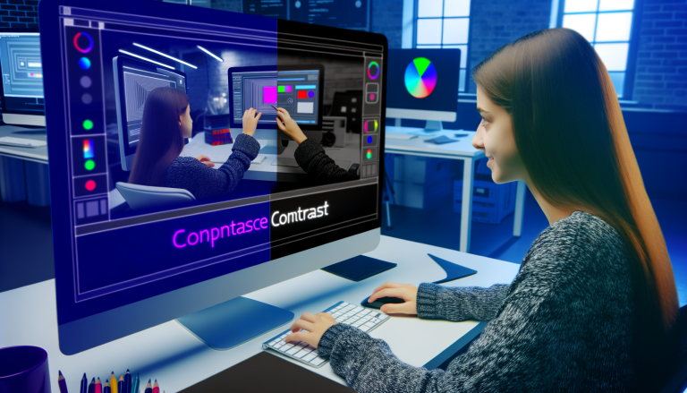 a white young girl graphic designer who is designing an application working with UI and UX on his computer