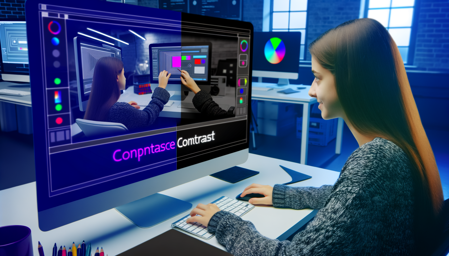 a white young girl graphic designer who is designing an application working with UI and UX on his computer