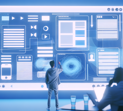 An abstract modern digital illustration showing the principles of UI and UX design in creating a user-friendly and minimalist interface. Include elements like wireframes, user flow charts, and clean mobile or web UI mockups. Use a soft, professional color palette (light blues, whites, and soft grays), flat or semi-isometric style. Show designers or users interacting with screens, emphasizing simplicity, accessibility, and intuitive navigation.