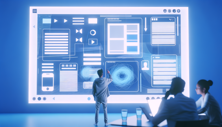 An abstract modern digital illustration showing the principles of UI and UX design in creating a user-friendly and minimalist interface. Include elements like wireframes, user flow charts, and clean mobile or web UI mockups. Use a soft, professional color palette (light blues, whites, and soft grays), flat or semi-isometric style. Show designers or users interacting with screens, emphasizing simplicity, accessibility, and intuitive navigation.